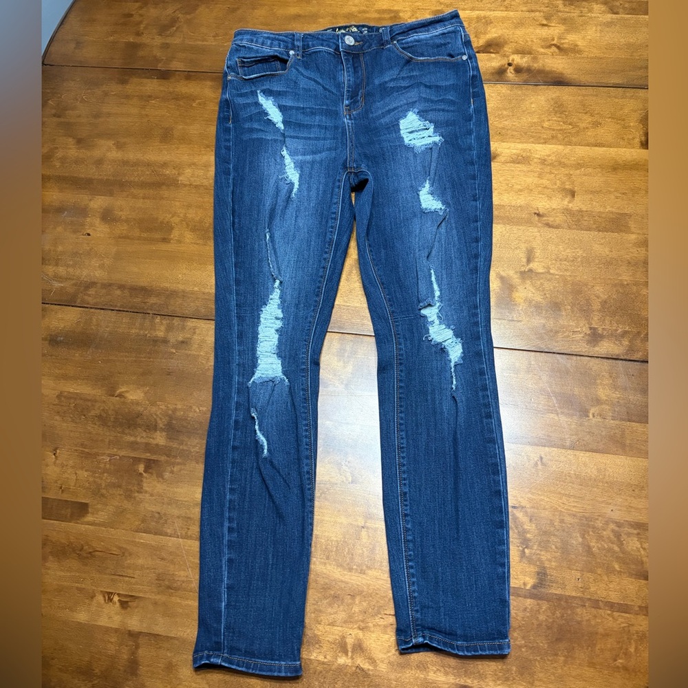 Indigo Rein Dark Blue Distressed Skinny Jeans